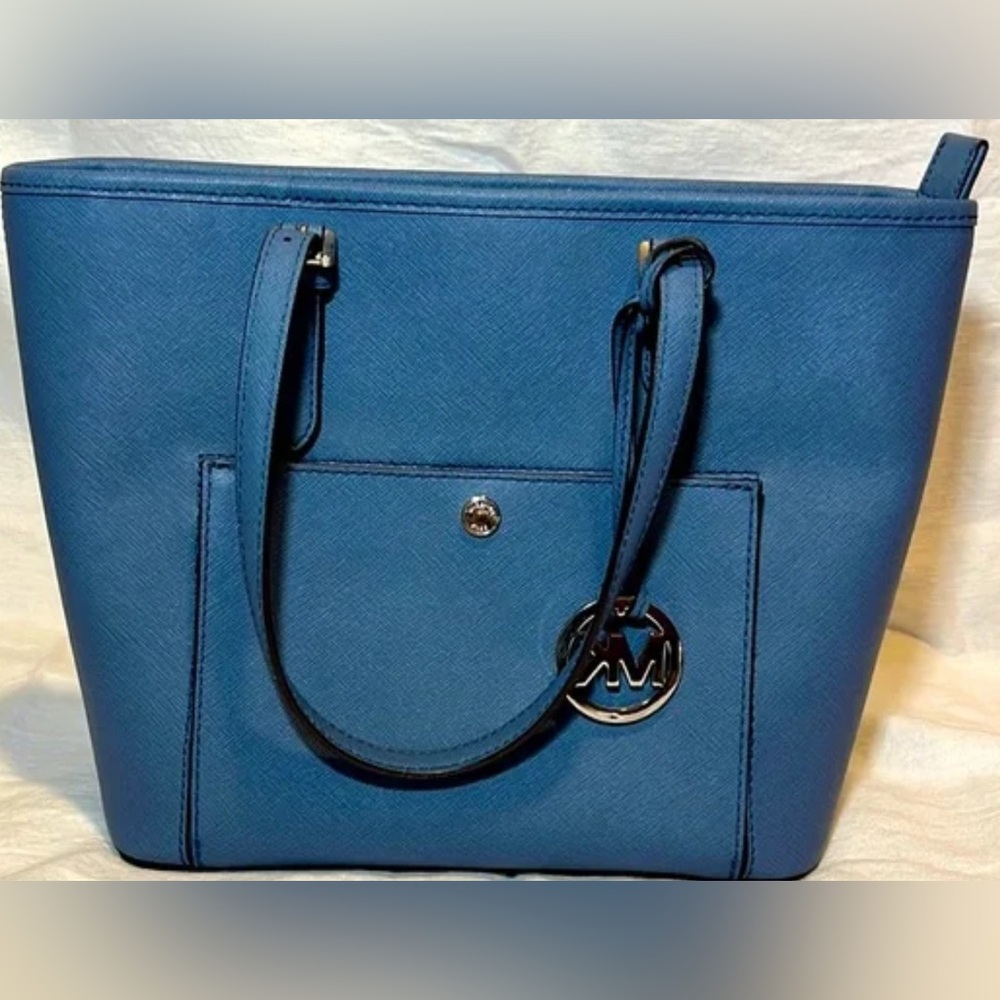 MICHAEL KORS JET SET MEDIUM TOTE LEATHER STEEL BLUE & MATCHING WALLET